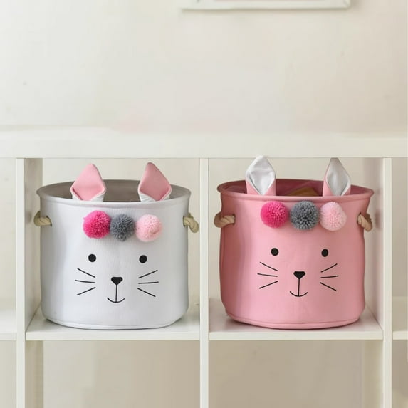 Twfbrm Easter Bunny Baskets, Canvas Cotton Easter Eggs Basket with Rabbit Ears and Fluffy Balls, Reusable Large Capacity Easter Egg Hunt Basket Decorative Fabric Storage Bucket Party Favor for Kids