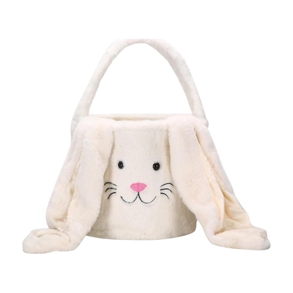 Twfbrm Easter Bunny Baskets for Kids, Fluffy Rabbit Design Decorative Fabric Storage Bucket with Long Plush Ear, Cute Empty Easter Egg Hunting Basket with Handle Reusable Gifts Tote Bags
