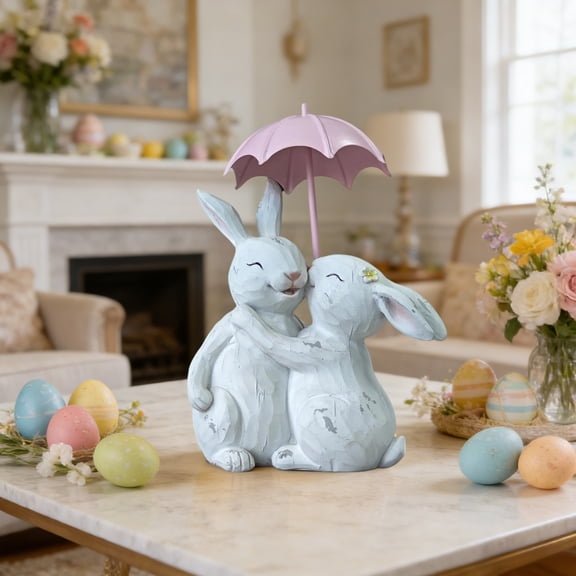 Twfbrm Easter Bunny Figurines, Easter Decorations 8 inch Resin Couple Rabbit Statue with Umbrella, Cute Decorative Bunny Sculptures Spring Tabletop Centerpiece for Home Office Shelf Garden