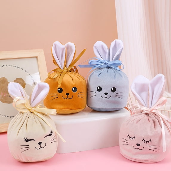 Twfbrm Easter Bunny Gift Bags, Velvet Rabbit Goodie Treat Bags with Drawstrings, Decorative Fabric Candy Pouches with Expression Pattern, Reusable Easter Wrapping Bag for Holiday Wedding Party Favors