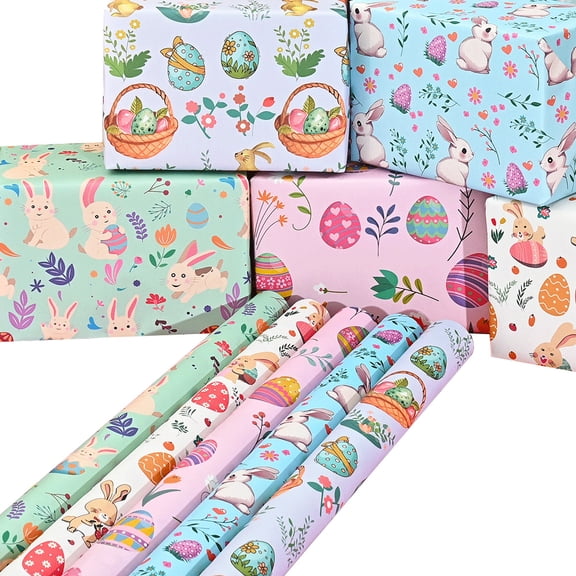 Twfbrm Easter Gift Wrapping Paper, 20"x28" Colorful Flowers Bunny & Egg Pattern Gift Wrap Paper, Easter Present Decorative Paper Packing Paper for Spring Holiday, Birthday, Baby Shower, Party