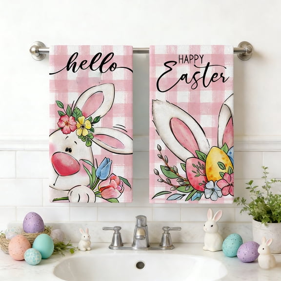 Twfbrm Easter Kitchen Towels, 16x24 Inch Microfiber Buffalo Plaid Floral Bunny Hand Towels, Highly Absorbent and Quick Dry Dish Towels Cute Easter Decorative Towels for Bathroom Kitchen