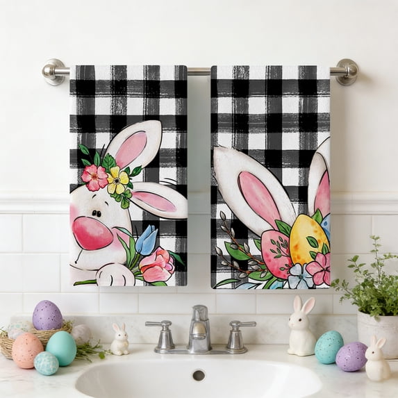 Twfbrm Easter Kitchen Towels, 16x24 Inch Microfiber Buffalo Plaid Floral Bunny Hand Towels, Highly Absorbent and Quick Dry Dish Towels Cute Easter Decorative Towels for Bathroom Kitchen