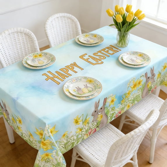 Twfbrm Easter Tablecloth, 55x70 Inch Rectangular Floral Bunny & Eggs Fabric Table Cloth, Reusable Washable Spring Themed Decorative Table Cover Easter Table Decorations for Party Dining Birthday