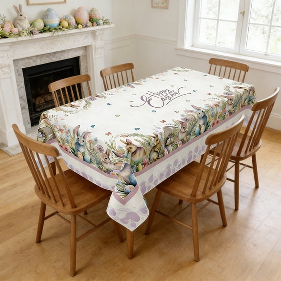 Twfbrm Easter Tablecloth, 55x70 Inch Rectangular Floral Bunny & Eggs Fabric Table Cloth, Reusable Washable Spring Themed Decorative Table Cover Easter Table Decorations for Party Dining Birthday