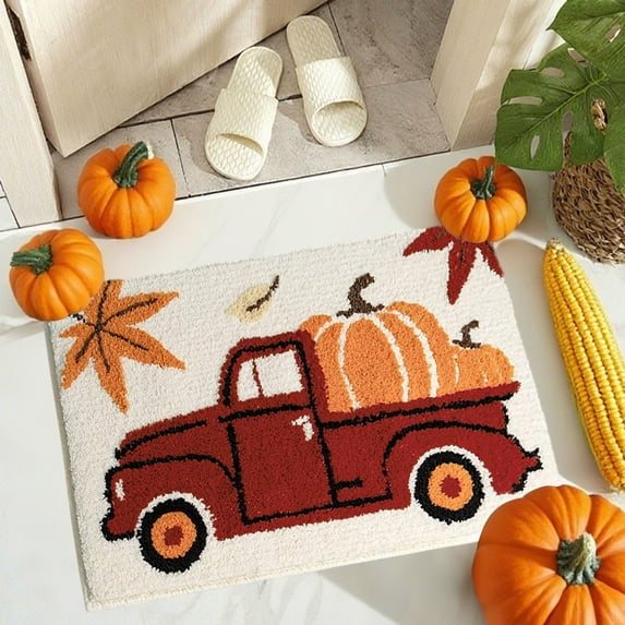 Twfbrm Fall Bathroom Rugs, 16"x24" Pumpkin Truck Shaped Plush Bath Mat, Non-Slip Absorbent Fluffy Floor Mat, Farmhouse Decorative Front Door Carpet Thanksgiving Decoration for Kitchen Bedroom Outdoor