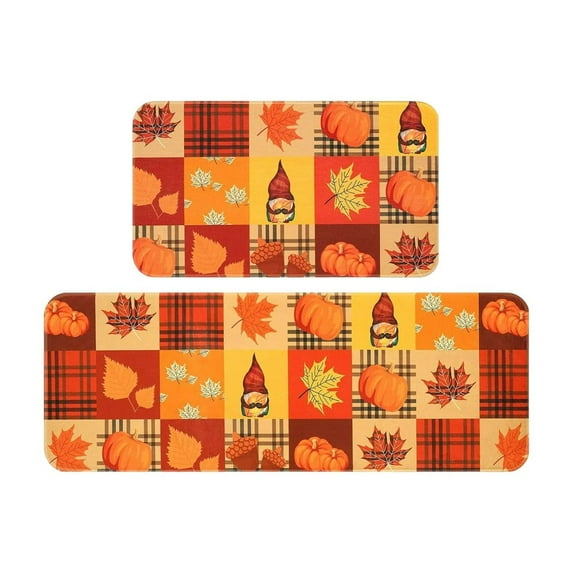 Twfbrm Fall Kitchen Rugs Set of 2, Autumn Pumpkin Maple Leaf Kitchen Floor Mat, Low-Profile Non-Slip Absorbent Kitchen Carpet Farmhouse Harvest Thanksgiving Decorative Rugs(16"x24" & 16"x48")