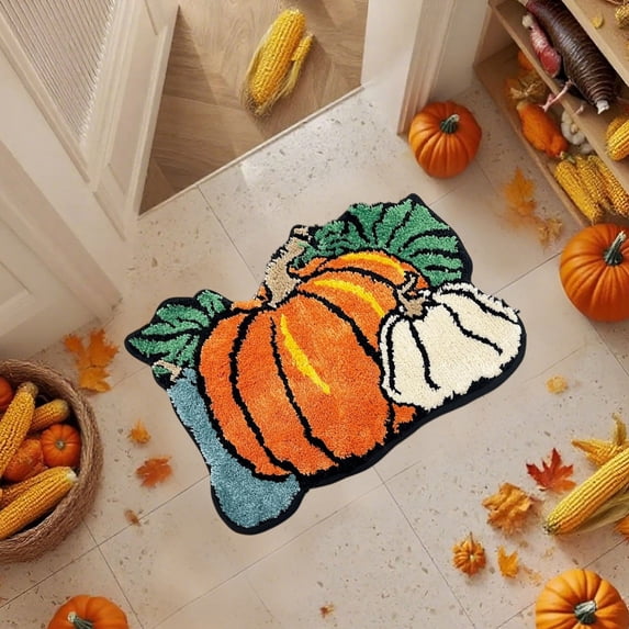 Twfbrm Fall Pumpkin Bathroom Rugs, 16"x24" Pumpkin Shaped Plush Bath Mat, Non-Slip Absorbent Fluffy Floor Mat, Farmhouse Decorative Front Door Carpet Halloween Decorations for Kitchen Bedroom Outdoor