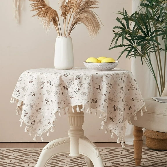 Twfbrm Floral Tablecloth for Round Table, 35"x35" Cotton Linen Pastoral Flowers Pattern Square Table Cover with Tassels, Vintage Farmhouse Decorative Fabric Table Cloth for Indoor Outdoor Picnic