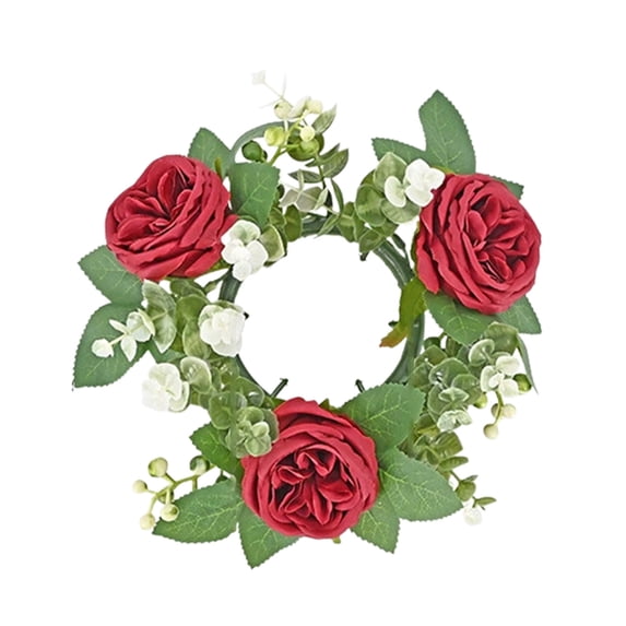 Twfbrm Flower Candle Rings Wreath, 3" Inner Artificial Rose Candle Ring with Green Leaves, Floral Pillar Candle Holder Decorative Candle Garland Table Centerpieces Spring Decoration for Wedding