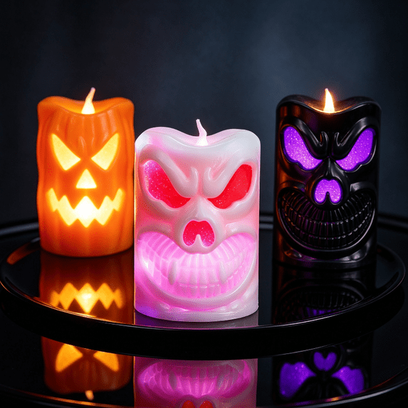 Twfbrm Halloween Candle Lights, Halloween Decorations, 4 inch Flameless Pillar Candle with Pumpkin Ghost Face, Battery Operated Electric LED Flickering Candles for Table Centerpiece, Party
