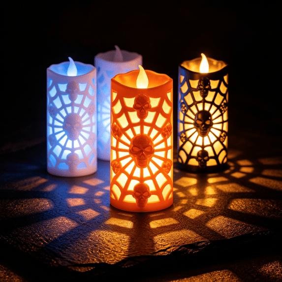 Twfbrm Halloween Candle Lights, Halloween Decorations, 4 inch Flameless Pillar Candle with Spider Web Skeleton, Battery Operated Electric LED Flickering Candles for Table Centerpiece, Party