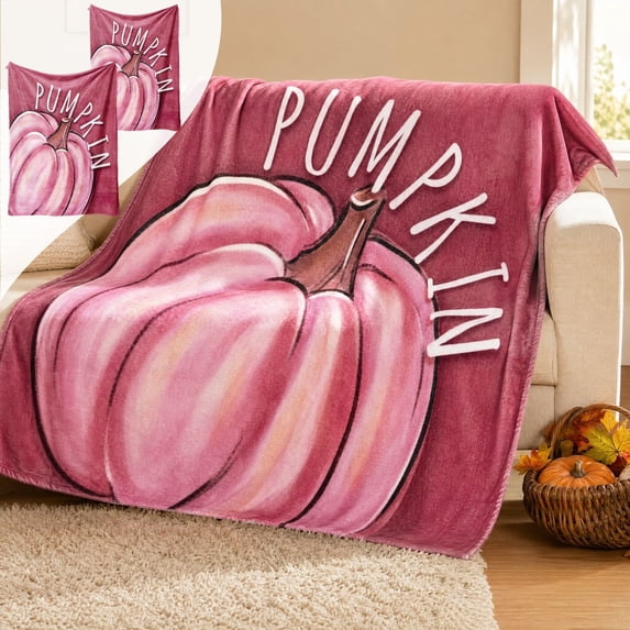 Twfbrm Halloween Fall Pumpkins Throw Blanket, Soft Pink Autumn Pumpkin Blanket, Lightweight Warm Farmhouse Fleece Blanket Autumn Decor for Halloween, Home, Living Room