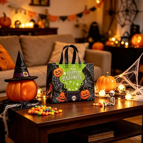 Twfbrm Halloween Gift Bags Party Supplies, Multifunctional Non Woven Reusable Ghost Tote Bags with Handles, Large Waterproof Shopping Bag for Treat, Candy, Birthday Party