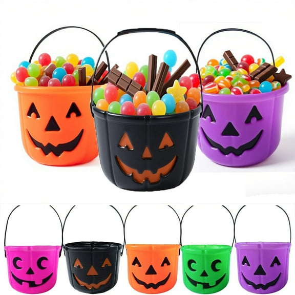 Twfbrm Halloween Trick or Treat Bucket, Jack O' Lantern Pumpkin Pails Portable Plastic Candy Basket with Handle, Reusable Large Snack Goodie Holder Halloween Party Favor Supplies for Kids