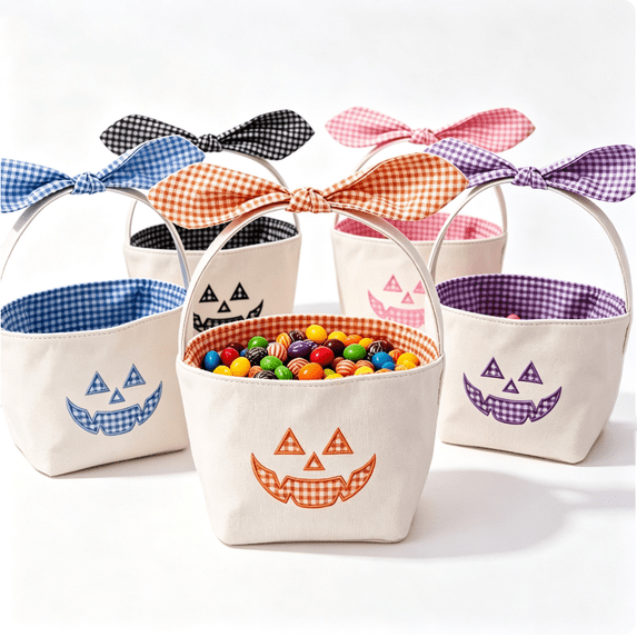 Twfbrm Halloween Trick or Treat Candy Bags, Buffalo Plaid Fabric Goodie Baskets with Handle and Bow, Portable Handheld Pumpkin Snack Pails, Large Capacity Reusable Tote Bags for Party Favors