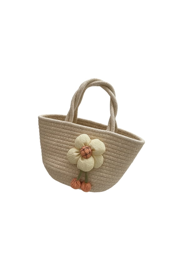 Hand-Woven Cotton Rope Handbag for Women, Lightweight Flower Storage Basket with Handle, Large Capacity Cotton Thread Tote Bag, Portable Beach Purse Nursery Storage Bin for Daily Use & Travel