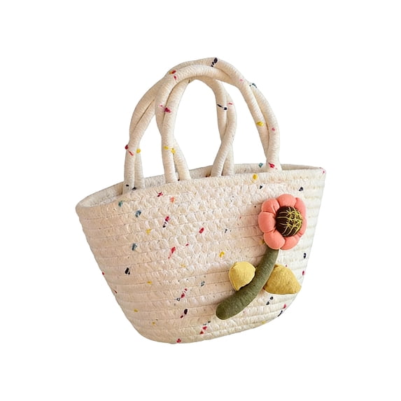 Twfbrm Hand-Woven Cotton Rope Handbag for Women, Lightweight Flower Storage Basket with Handle, Large Capacity Cotton Thread Tote Bag, Portable Beach Purse Nursery Storage Bin for Daily Use & Travel