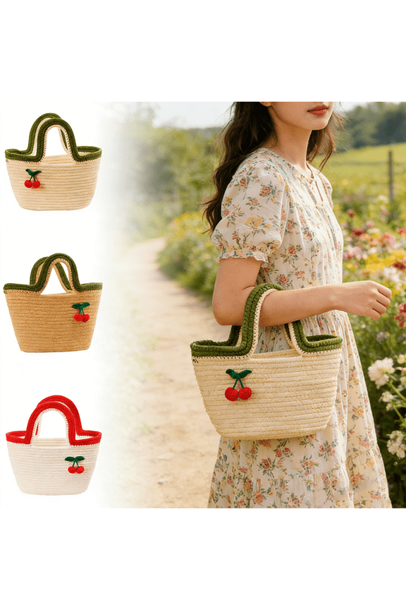 Hand-Woven Cotton Rope Tote Bag for Women, Lightweight Cherry Storage Basket with Handle, Large Capacity Cotton Thread Handbag, Portable Beach Purse Nursery Storage Bin for Daily Use & Travel