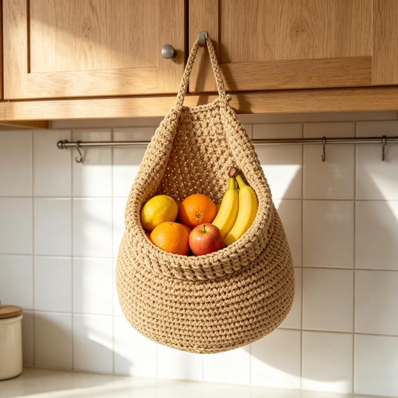 Twfbrm Hanging Fruit Baskets for Kitchen, Hand Woven Multipurpose Produce Holder with Hooks, Small Lightweight Woven Box Wall Decor for Garlic, Potato, Vegetable