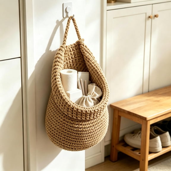 Twfbrm Hanging Fruit Baskets for Kitchen, Hand Woven Multipurpose Produce Holder with Hooks, Small Lightweight Woven Box Wall Decor for Garlic, Potato, Vegetable