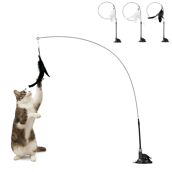 Twfbrm Interactive Cat Feather Toys with Bell, Cat Wand Toys with Suction Cup, Hands-Free Flexible Steel Wire Teaser Stick Toys, Self Play, Exercise and Entertainment for Indoor Cats & Kittens