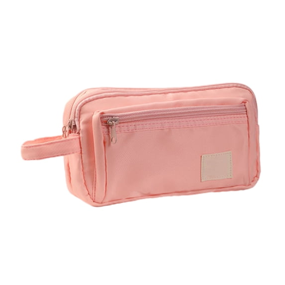 Twfbrm Large Capacity Pencil Pouch, Solid Color Canvas Pencil Case with 3 Compartments, Portable Stationery Organizer with Handle and Zipper, Travel Cosmetic Storage Bag Office Supplies, Pink