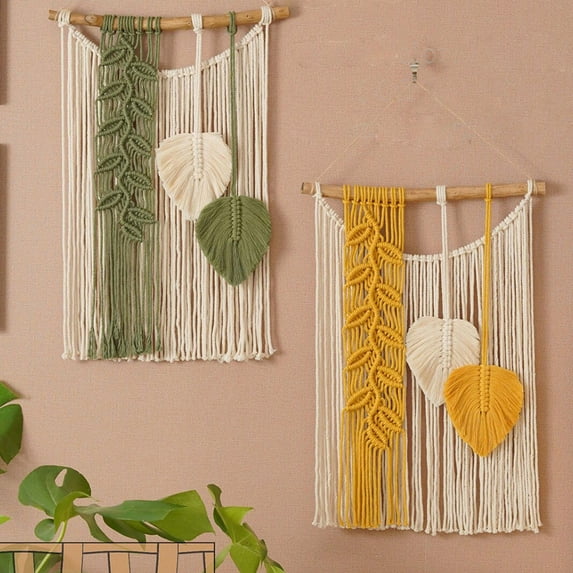 Twfbrm Macrame Wall Hanging Decor, 16"x28" Cotton Woven Beige and Green Leaves Tapestry, Vintage Handmade Chic Bohemian Tassel Tapestry, Farmhouse Wall Art Home Decoration for Bedroom Living Room