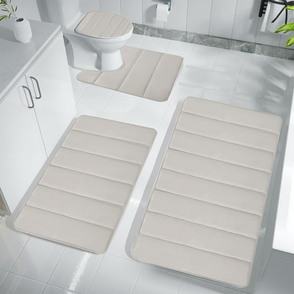 Twfbrm Memory Foam Bathroom Rugs Set 4 Pieces, Ultra Soft Absorbent Bath Mats with Toilet Lid Cover & U-Shape Toilet Rug, Washable Non-Slip Rubber Backing Floor Mat for Toilet Bathtub and Kitchen