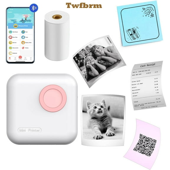 Twfbrm Portable Sticker Printer with 1 Roll Paper, Bluetooth Thermal Inkless Printer Rechargeable Wireless Label Maker Photo Printer Mini Pocket Printer for DIY Scrapbook, Travel, Notes, Label
