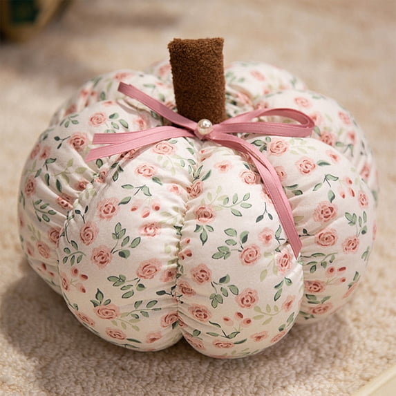Twfbrm Pumpkin Throw Pillows, 3D Floral Print Stuffed Pumpkin Toys with Bow, 4.7" Soft Skin-Friendly Plush Pumpkin Pillow Halloween Thanksgiving Decorative Cushion Fall Decorations for Home Couch Bed