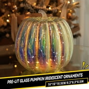 Twfbrm Pumpkins Decoration 6.5Hx6Diam,Pre-Lit Glass Pumpkin Clear Iridescent Ornaments Artificial Pumpkins Iridescent Halloween Decorations for Home Thanksgiving Tabletop Decorations