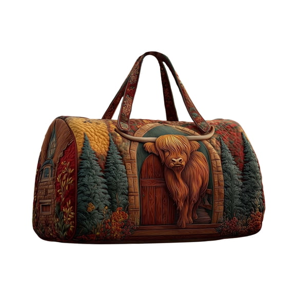 Twfbrm Quilted Duffle Bag, Rustic Style Cow Pattern Embroidered Weekender Bag with Handle, Large Capacity Luggage Bag Lightweight Carry On Tote & Gym Bag Travel Overnight Bag for Women Men