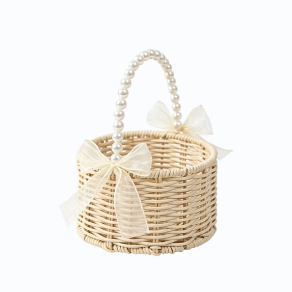 Twfbrm Rattan Storage Basket, Reusable Hanging Flower Basket with Lace Bows and Pearl Handle, Small Boho Handwoven Wicker Basket for Party, Weddings, Girl, Home Decor