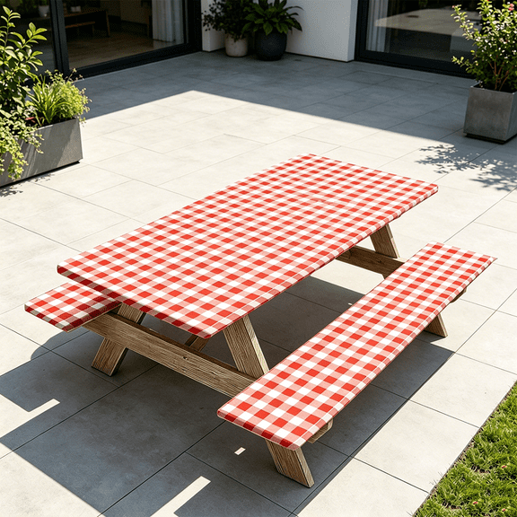 Twfbrm Rectangle Picnic Table Cover with Bench Covers, 30x72 inch Buffalo Plaid Vinyl Fitted Elastic Edge Tablecloth, Waterproof Wipeable Spandex Stretch Table Cloth for Outdoor Patio Camping Party