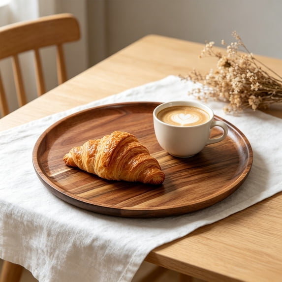 Twfbrm Round Solid Wood Serving Tray, 12 Inch Large Decorative Tea Tray with Walnut Finish Coffee Table Tray, Non-Slip Breakfast Tray for Tea, Coffee, Snack Food, Meals