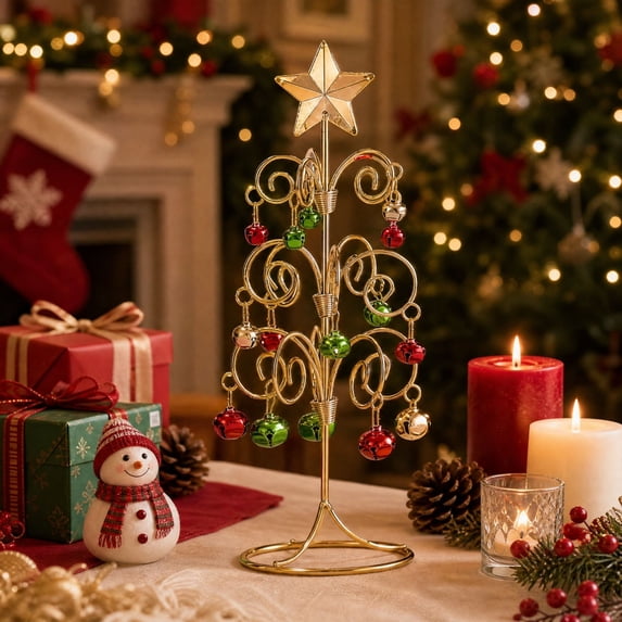 Twfbrm Spiral Christmas Tree Ornament Display, Metal Sturdy Xmas Tree Stand with Red Green Bells and Glitter Star, Winter Holiday Tabletop Holder Christmas Decoration for Gift, Home Decor