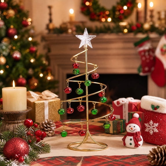 Twfbrm Spiral Christmas Tree Ornament Display, Metal Sturdy Xmas Tree Stand with Red Green Bells and Glitter Star, Winter Holiday Tabletop Holder Christmas Decoration for Gift, Home Decor