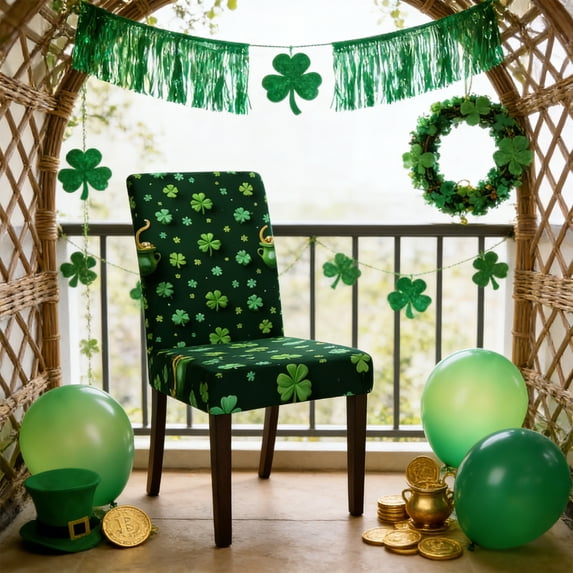 Twfbrm St. Patricks Day Chair Covers, Universal Green Shamrock Print Stretch Chair Slipcovers, Soft Breathable Decorative Seat Cover Removable Washable Chair Protector for Dining Room & Kitchen