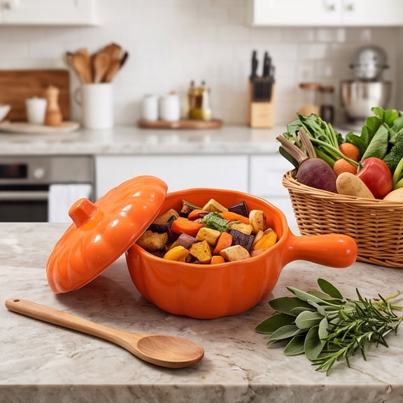 Twfbrm Thanksgiving Fall Pumpkin Plastic Bowls, Autumn Sturdy Pumpkin Shape Soup Bowl with Lid and Long Hand, Lightweight Quick Clean Serving Bowl Table Decor for Thanksgiving Party, Kitchen, Dessert