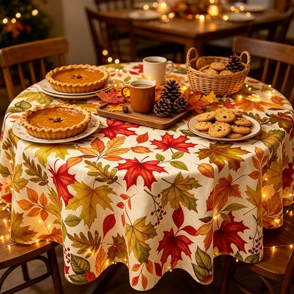 Twfbrm Thanksgiving Fall Round Table Runner, 59.06 Inch Autumn Harvest Table Cloth with Maple Leaf Design, Waterproof Table Cover Christmas Decoration for Party, Kitchen, Dining, Home Decor