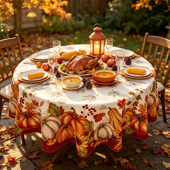 Twfbrm Thanksgiving Fall Round Table Runner, 59.06 Inch Autumn Harvest Table Cloth with Maple Leaf, Pumpkin Design, Waterproof Table Cover Christmas Decoration for Party, Dining, Home Decor