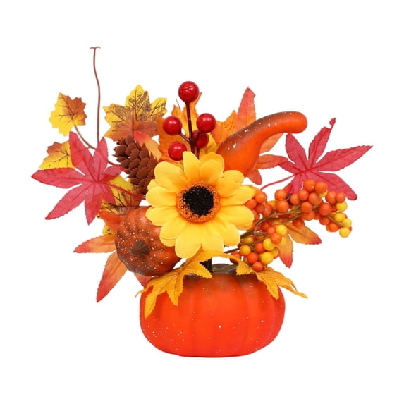 Twfbrm Thanksgiving Pumpkin Decor, Fall Decorations for Home, Artificial Pumpkins with Maple Leaves, Pinecone and Berries, Farmhouse Faux Pumpkin Table Centerpiece for Shelf Mantel Desktop