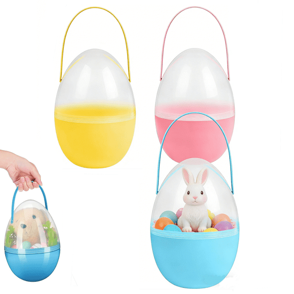 Twfbrm Translucent Jumbo Easter Eggs, 12 Inch Giant Plastic Easter Eggs with Handle, Fillable Empty Easter Eggs Container, Reusable Egg-Shape Basket for Filling Treats, Easter Party Supplies