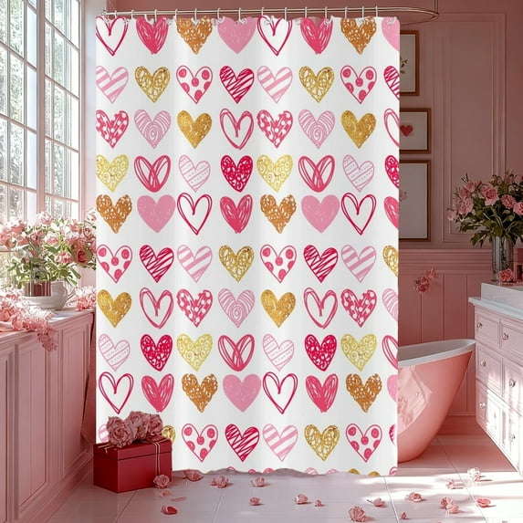 Twfbrm Valentine's Day Shower Curtain, 35"x71" Romantic Love Heart Pattern Fabric Shower Curtain with Grommets and Hooks, Waterproof Quick-Drying Decorative Bath Curtain Machine Washable for Bathroom