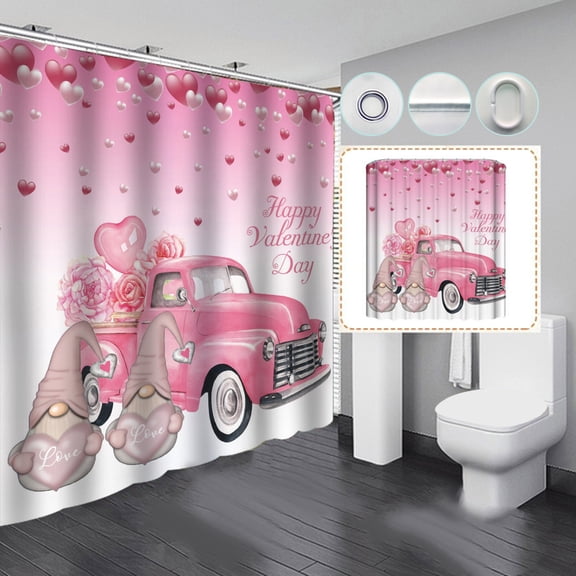 Twfbrm Valentines Shower Curtain, Valentines Day Shower Curtain for Bathroom, Valentine Gnomes Couples and Love Hearts Pink Waterproof Fabric Bath Curtain with Hooks for Home Decor