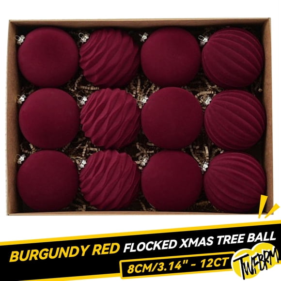 Twfbrm Velvet Christmas Balls 12ct Burgundy Red Flocked Christmas Tree Ball Ornaments Plastic Balls Xmas Decorative Hanging Ornaments Christmas Tree Decoration 6cm/2.36"