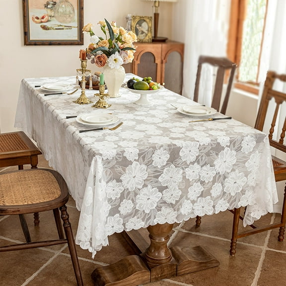 Twfbrm White Lace Tablecloth, 39"x55" Floral Embroidered Table Cloth with Scalloped Border, Wrinkle Resistant Decorative Table Cover Vintage Mesh Fabric Tablecloth for Wedding Bridal Holiday