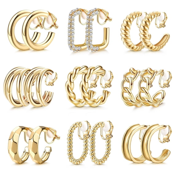 TwhqxjCN 9Pairs Eye Catching Gold Plated Clip On Earrings Dumpy Hoop Designs Ear Accessory for Women Without Pierced Ear Jewelry