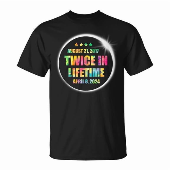 Twice in a Lifetime Solar Eclipse 2024 Tie Dye Total Eclipse T-Shirt – Colorful Celestial Event Graphic Tee for Men Women Kids, Featuring April 8, 2024 and 2017 Eclipse Dates, , Size L, Color Black